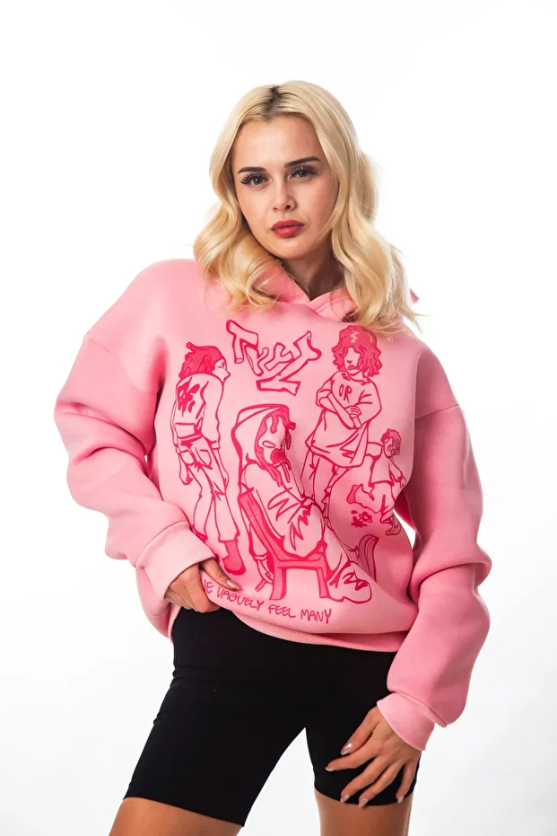 Pembe Baskılı Oversize Kadın 3 İplik Sweatshirt Hoodie
