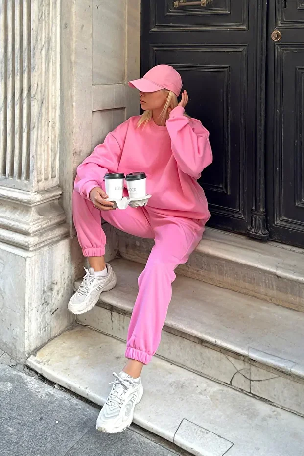 Pembe Oversize Geniş 3 Iplik Polarlı Şardonlu %100 Pamuk Bisiklet Yaka Eşofman Takımı